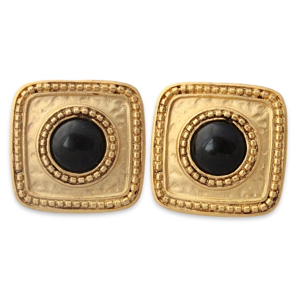 Vintage Etruscan Revival Clip On Earrings Black Cabochon Gold Tone Large Square - Picture 1 of 4